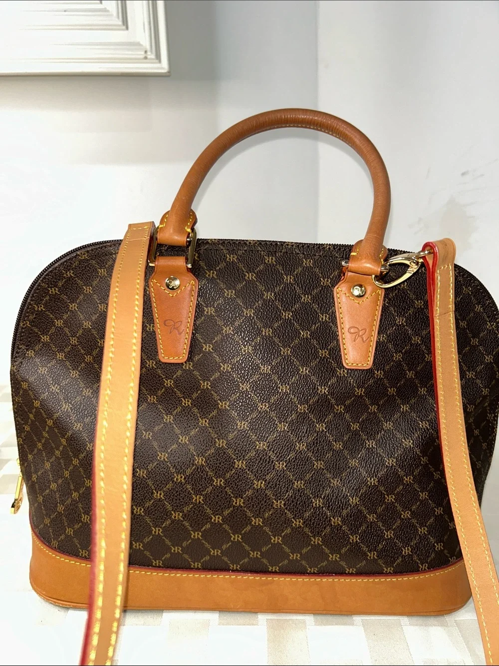 Rioni Patterned Domed Satchel with Tan Trim with matching checkbook